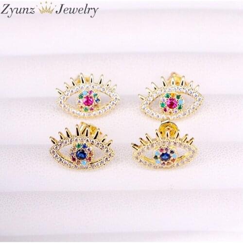 10Pairs, Gold color mix colored rainbow cz delicate earring eye shaped cz micro pave turkish stud earring for women