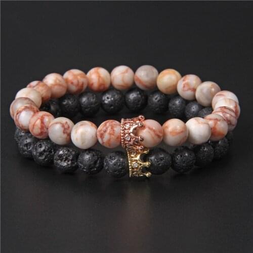 2pcs/set Couple Distance Bracelet Natural Stone Lava Volcanic Beads Bracelet Red Carnelian Agates Crown Charm Bracelet Women Men