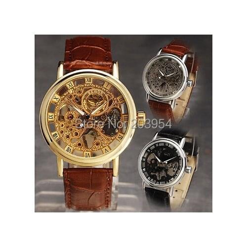 Fashion steampunk wristwatch womens Watches golden hand wind movement Skeleton Leather Mens Luxury Mechanical 3 color