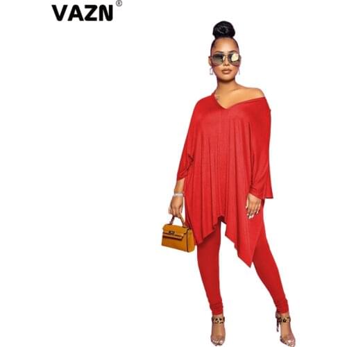 VAZN 2020 Hot Lazy High-end Daily Young Casual Nature Solid Asymmetrical Full Sleeve Group Long Pants Slim Women 2 Piece Set
