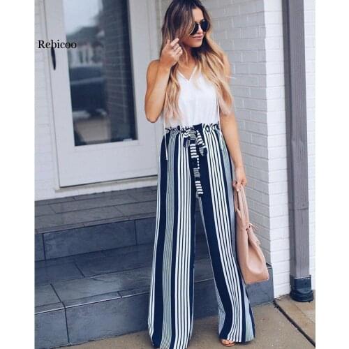Fashion Summer Wide Leg lace up Pants Women High Waist Striped Loose Palazzo Pants Elegant Office Ladies Trousers