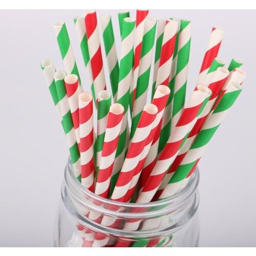 25pcs Red Green Stripe Paper Straws Christmas Favors Drinking Straws Kids Birthday Party Decoration Party Supplies