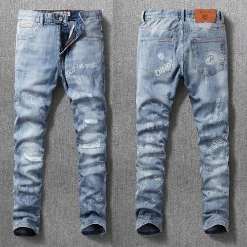 American Streetwear Fashion Men Jeans Retro Light Blue Slim Fit Ripped Jeans For Men Printed Designer Hip Hop Denim Punk Pants