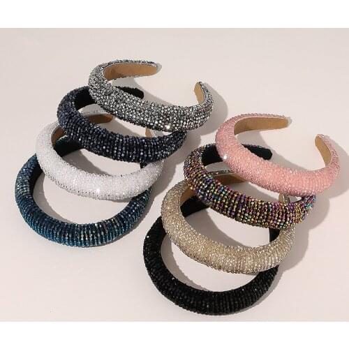 Hot Selling European American Fashion Crystal Rhinestone Handmade Wide-sided Sponge Hairband for Women Girls Headwear