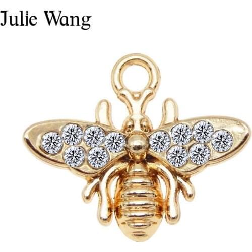 Julie Wang 4PCS Bee Charms Alloy Insect Rhinestone Gold Silver Color Honeybee Necklace Pendant Bracelet Accessory Jewelry Making