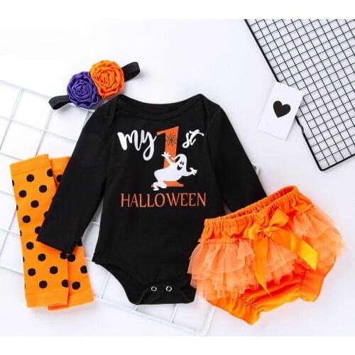 Infant Girls Long Sleeve Bodysuits + Mesh PP Shorts + Headband + Sock Halloween Party Kids 4Pcs Suits Newborn Baby Clothing Sets