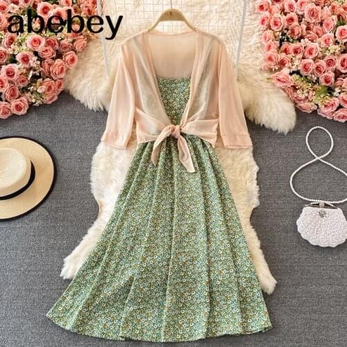 2021 New Summer Fashion V-Neck long sleeve bandage Shirt Top + high waist sleeveless print strap Dress two piece set