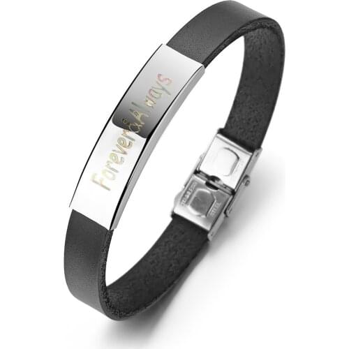 Customized Name Leather Bracelets For Men Stainless Steel Personalized Jewelry Engraving Bangle Bracelet DAD Husband Gift