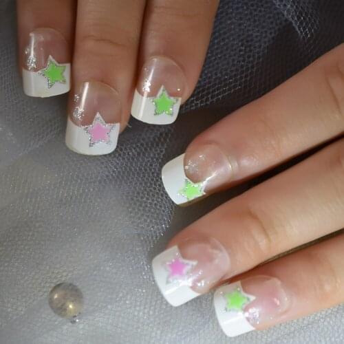 Lovely Medium-Short Nails Suqare Glitter Start Simple Desgin Kid Gels Nails Cute Nails Art Nails Tip Fingernails EchiQnail