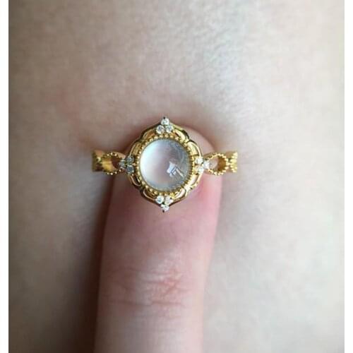 Original new silver inlaid egg round ice type chalcedony opening adjustable ring elegant charm creative retro silver jewelry