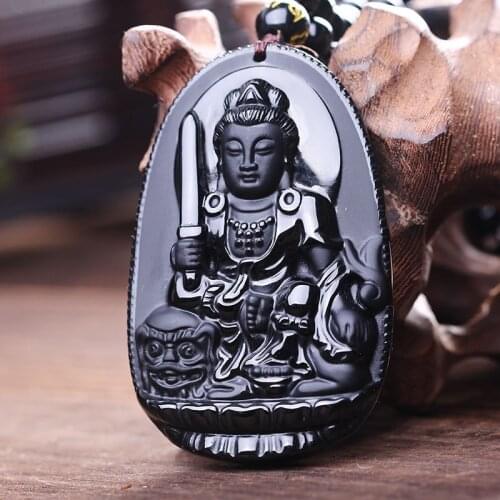 Manjusri Bodhisattva Necklace Black Obsidian Carved Buddha Lucky Amulet Pendant Necklace For Women Men Pendants Jewelry