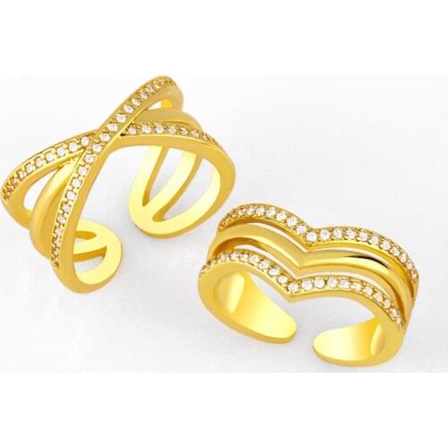 FLOLA Gold Plated Three Layers Open Cuff Rings For Women Adjustable Bypass Ring CZ Cubic Zirconia Wholesale Jewelry Gifts rigk49