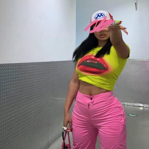 Y2k Ig Super Red Lips Contrast Print Round Neck Pullover Short Sleeve Baby T-Shirt