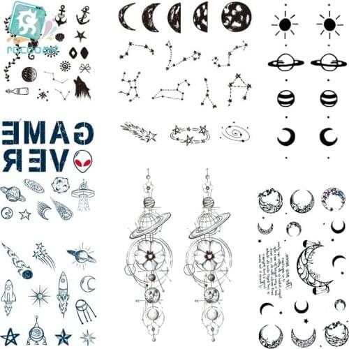 Rocooart 1 Sheet Waterproof Temporary Fake Tattoo Stickers Grey Moon Phase Vintage Earth Design Body Art Tattoo Cool Men Women