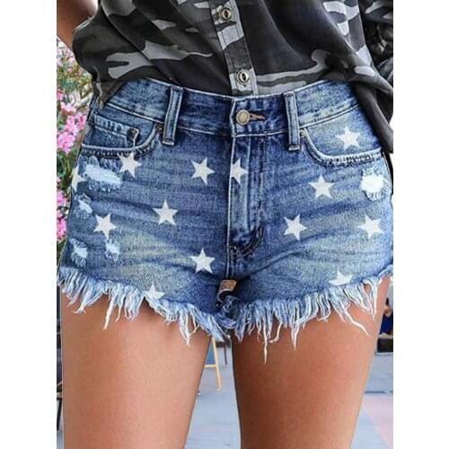 Star Printed Ripped Fringed Denim Shorts Casual Loose Jeans Street Wear Fashion Shorts Y2K Low Waist Pants