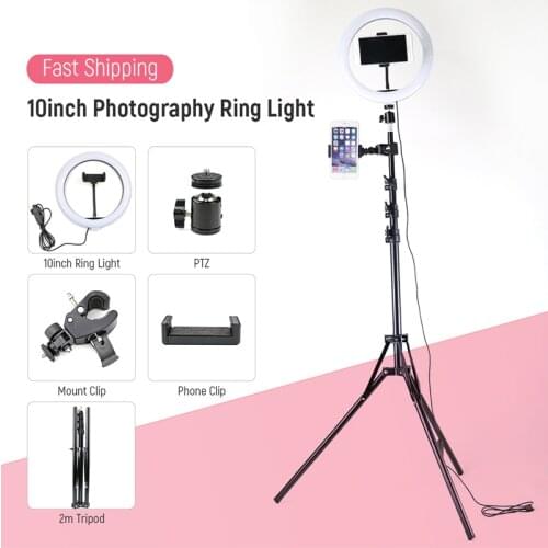 10inch Dimmable LED Selfie Ring Light With 0.5m/1.6m/1.9m/2m Tripod Stand Photographic Lighting Phone Clip For Youtube VK