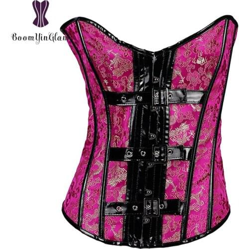 High quality rivets design brocade women bustier buckle up body shaperwear burlesque pvc corset 836