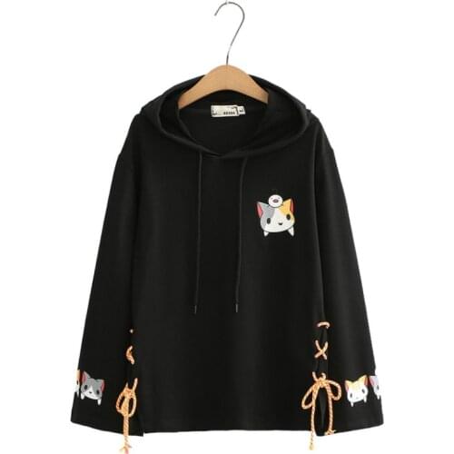 Harajuku Cartoon Cat Print Cute Pullover Hooded Sweatshirt Women 2020 Autumn Long Sleeve Lace Up Sweet Ladies Hoodies Tracksuits