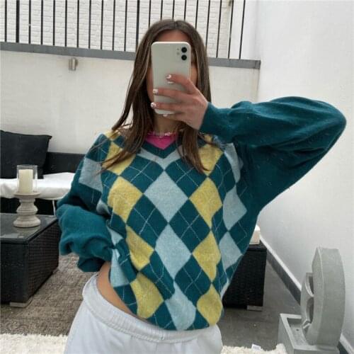 Women Knitted Sweater Vintage Plaid Print Sweater Oversized Pullovers Autumn Winter Streetwear Loose Sweaters Outerwear