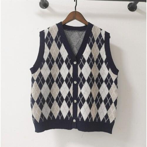 2021 New Diamond Check Sweater Coat Autumn Winter Leisure V-Neck Loose Cardigan Sleeveless Womens Knitted Vest