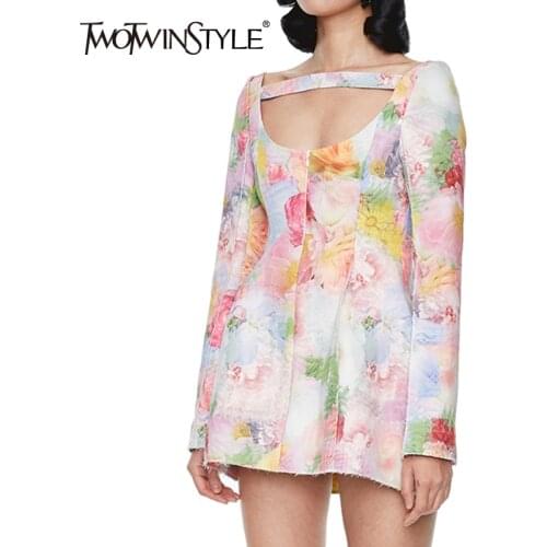 TWOTWINSTYLE Casual Print Women Dress Square Collar Long Sleeve High Waist Hollow Out Backless Dresses Female Fashion Clothing