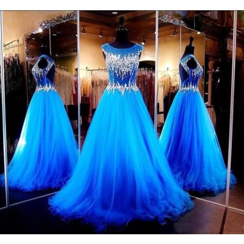 2020 Backless Evening Dresses Cap Sleeves Illusion Neck Keyhole A-Line Blue Prom Dresses with Crystals Pageant Gowns