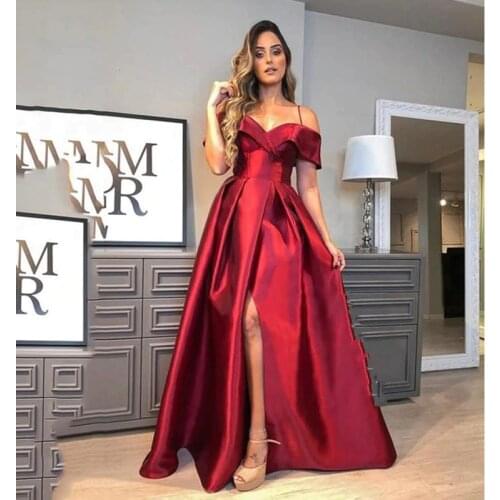 2021 Satin Dresses Evening Sexy High Split Backless Off The Shoulder Long Prom Gowns Graduation Dress