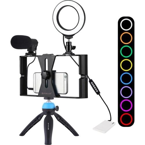 4 in 1 Vlogging Live Broadcast Smartphone Video Rig +4.7 inch RGBW Selfie Ring Light & Microphone Tripod Mount+Tripod Head
