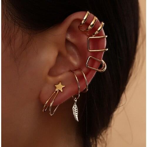 5Pcs/Set New Fashion Ear Cuff Gold Leaves Star Non-Piercing Ear Clips Fake Cartilage Earring Jewelry For Women Men gifts