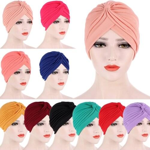 Underscarf Women Muslim Hijab Turban Indian Chemo Cap Pleated Hair Loss Hat Solid Color Inner Scarf Head Wrap Beanie Bonnet Arab