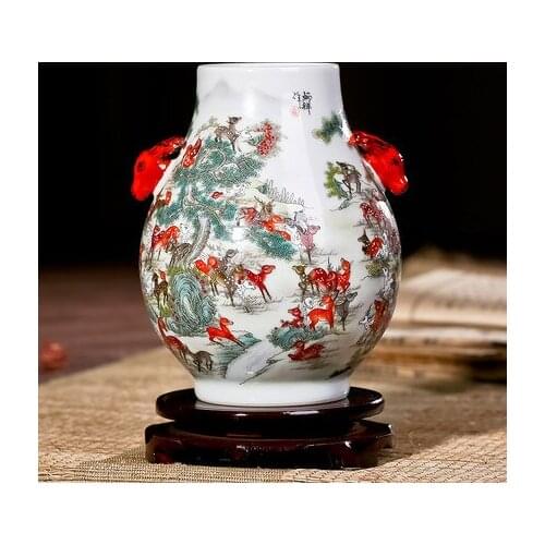 Jingdezhen Ceramic Handicraft Double Deer Porcelain Vase With Certification