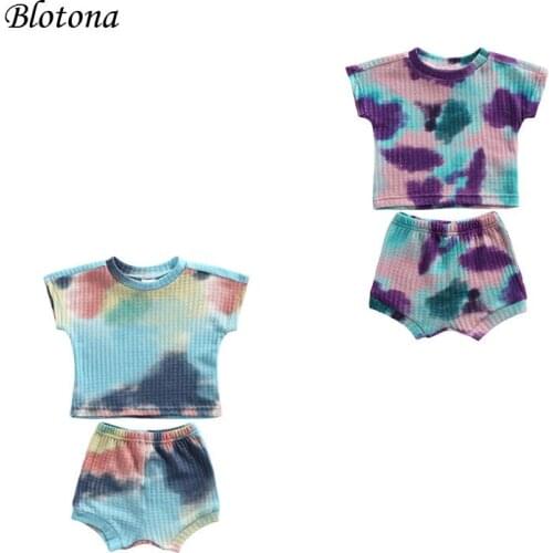 Blotona Kids Baby Tie-dye Clothes Set, Short Sleeve O-neck T-shirt + Elastic Waist Shorts for Summer, 0-18Months