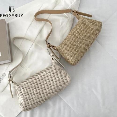 Elegent Ladies Weaving Zipper Underarm Bags Daily Straw Woven Shopping Subaxillary Bags Pure Color Shoulder Bags