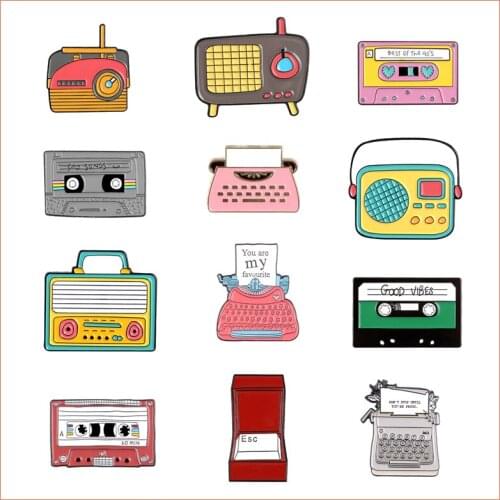 Cartoon Typewriter Enamel Pin Vintage Radio TV Walkman Brooches Music Tape Button Badges Fashion Backpack Jewelry for Friends