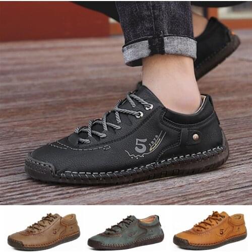 Mens Casual Shoes PU Leather Flats Walking Sneakers Fashion Man Lace Up Loafers Hand Sewing Slip on Lazy Driving Shoe Plus Size