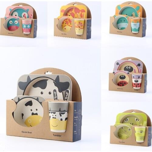 5pcs/set Cartoon Pattern Bamboo Fiber Tableware Set Kids Square Plate Set Children Bamboo Fiber Dinnerware