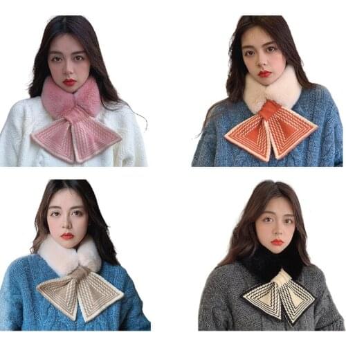Autumn Winter Geometry Print Fashion Crochet Knitted Scarf Foulard Elegant Faux Fur Collar Neck Warmer Scarves for Women
