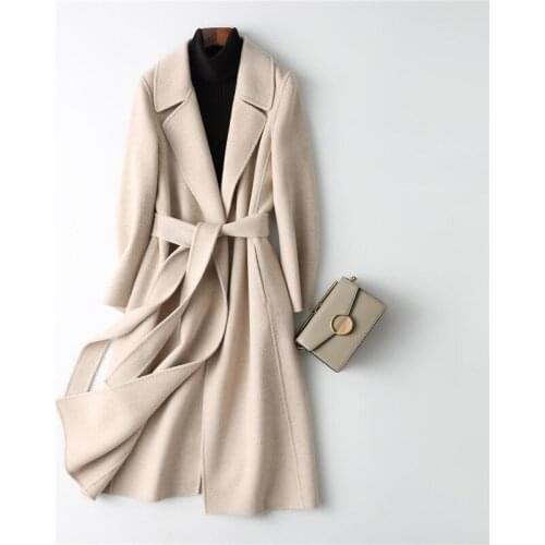 Korean Woolen Coat Women Winter Double sided Cashmere Coat Elegant Long sleeve With Belt Long Wool jacket Overcoat Women G440