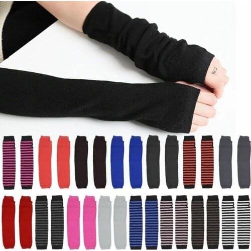 Women Long Sleeve Striped Fingerless Arm Warm Knitted Womens Wristband Solid Color Fashion Gloves Mittens Accessories