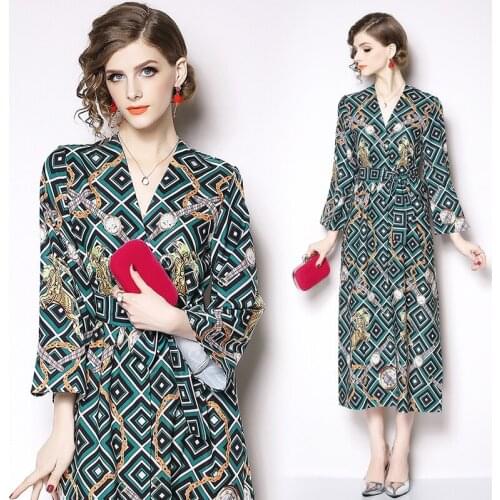 Early Autumn Office Lady Vintage Dresses Famous High-End Boutique Retro Printed Loose Long Dress Turn-down Collar Sashes Dresses