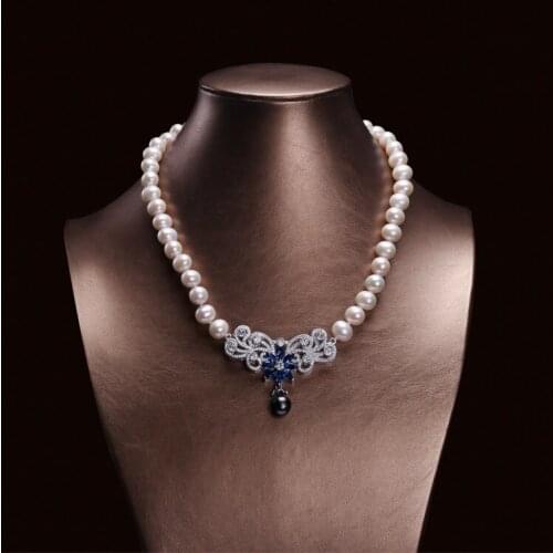 Luxury Blue Flower Pendant Choker Elegant Natural Pearl Necklace Jewelry Gifts Lady Presents