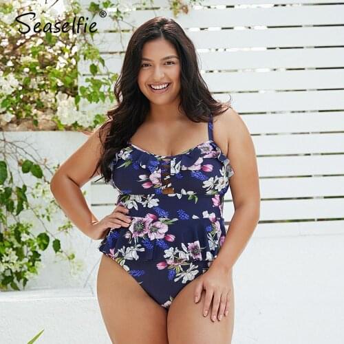 SEASELFIE Plus Size Navy Floral Ruffled One Piece Swimsuit Women Large Size Sexy Monokini Bathing Suit 2021 Beach Swimwear