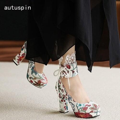 Autuspin Spring Bohemia Women Pumps Fashion Sexy Gladiator Thick Heels for Women Party Night Club Dress Shoes Big Size 34-43