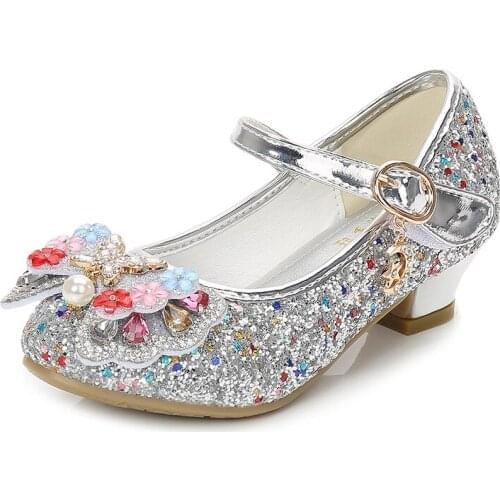 2021 Girls Shoes Princess Kids Leather Shoes For Girl High Heels Fashion Sequins Glitter Casual Party Shoes For Children Wedding