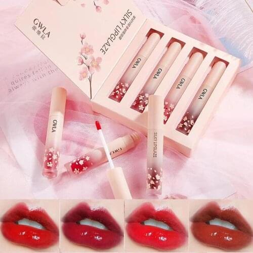 Peach Blossom Mirror Lip Glaze 4PCS/Set Lipstick Waterproof Non-stick Cup Long Lasting Lip Gloss Beauty Glazed Liquid Lip Makeup
