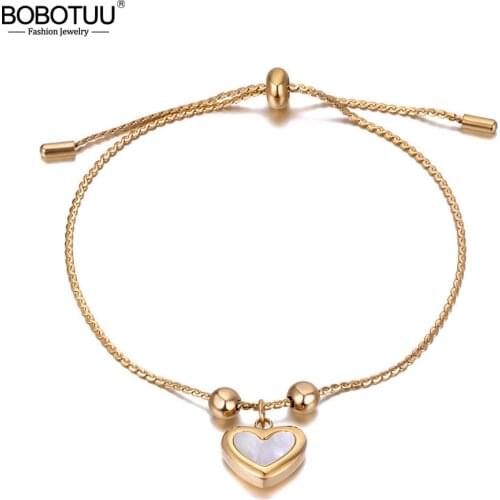 BOBOTUU Fashion 316L Stainless Steel Shell Heart Charm Bracelets For Women Bohemia Adjustable Party Bracelet Jewelry BB20154