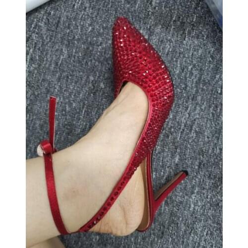 Women Sliver Red Bling Crystal Rhinestone Pointed Toe Shallow Pumps Female 10 cm Thin Heels Slingback Lace Up Wedding Shoes