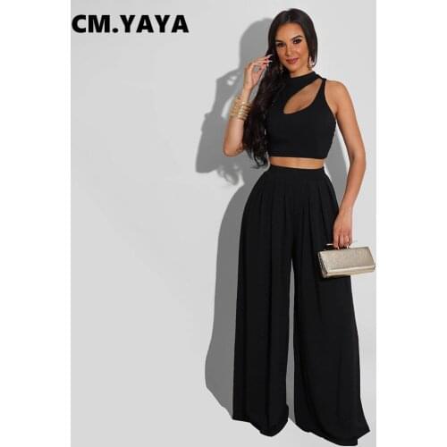 CM.YAYA Women Set Solid Sleeveless Cut Out Crop Tanks Tops Wide Leg Pants Two 2 Piece Set Fashion Casual Outfit Summer Tracksuit