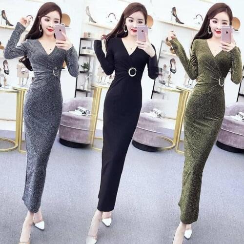Women 2021 Spring Autumn Fashion Elegant Pencil Dress Female V-neck Long Sleeve Maxi Dresses Ladies Slim Bodycon Vestidos Z266