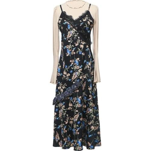 2021 New Summer Womens Long Skirt Dress V-Neck Sexy Floral Print Sling Lace Midi Dress with Inner + Sling Dress
